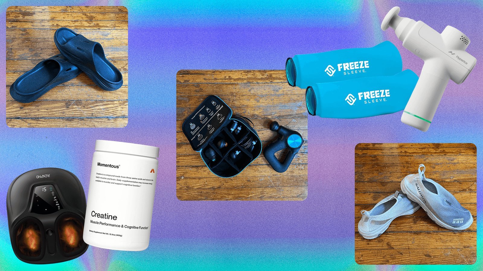 Athlete recovery tools arranged on a wooden floor in a bright home gym