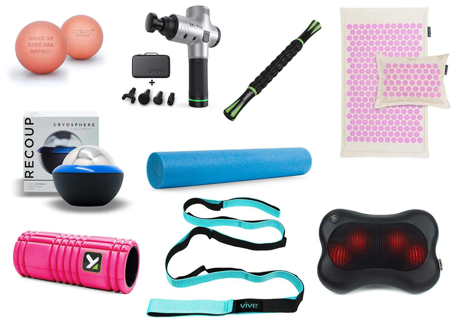 Choosing post workout recovery tools laid out on a wooden floor