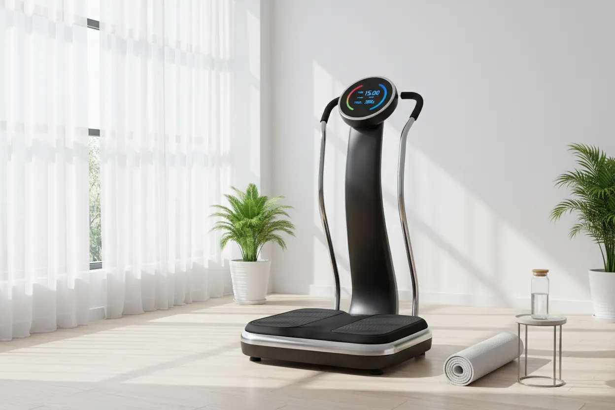 Compact vibration plate buying guide unit on pale wood floor in daylight