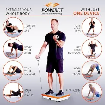 Dumbbells and resistance band beside an unused vibration plate at home