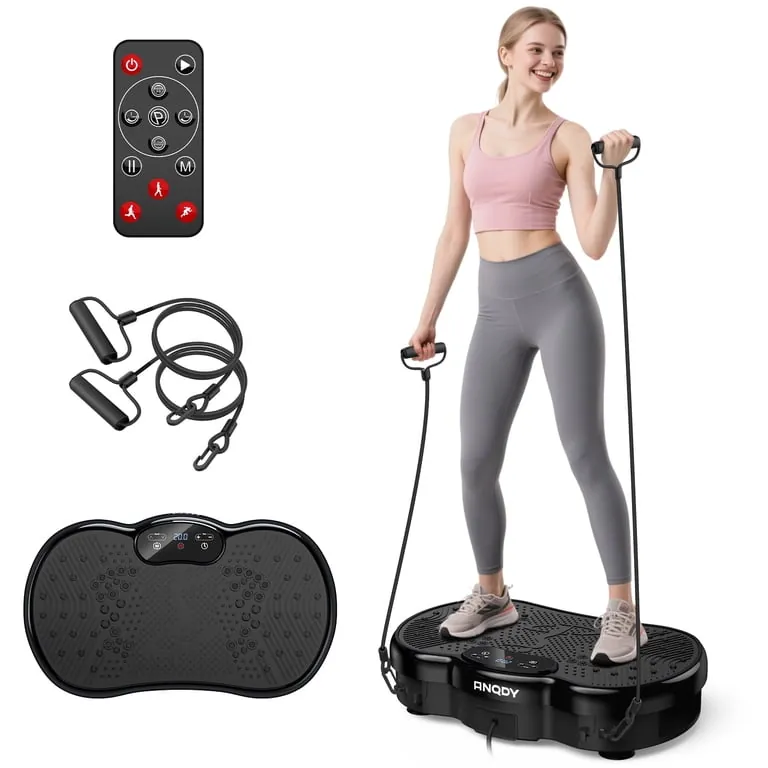 Empty vibration plate with dumbbells and vest beside it