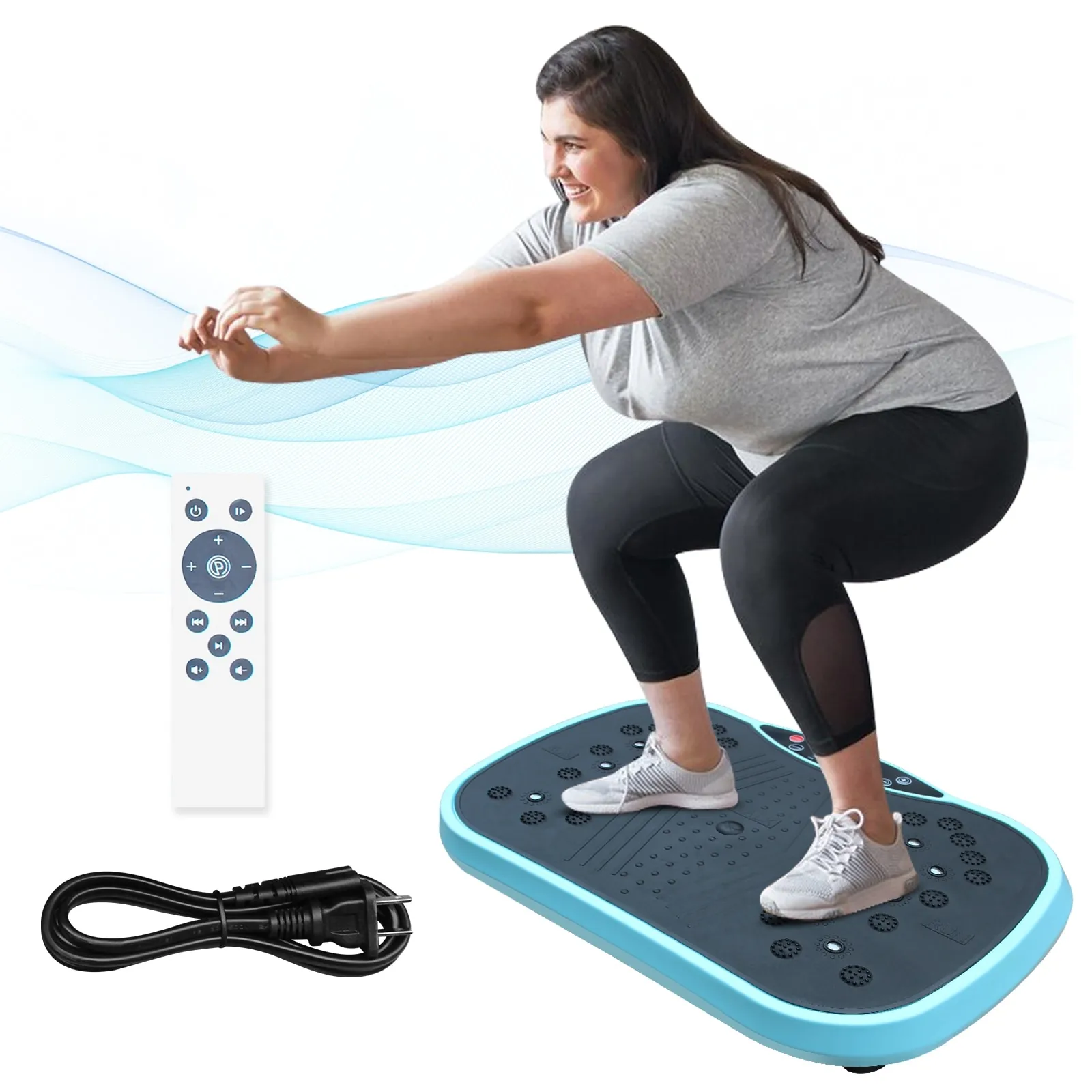 Feet in socks standing on vibration plate under a desk