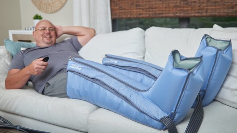 Lymphatic drainage machine with leg sleeve in a bright living room