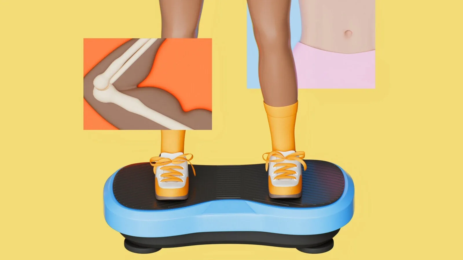 Man balancing on one leg beside a vibration plate machine at home