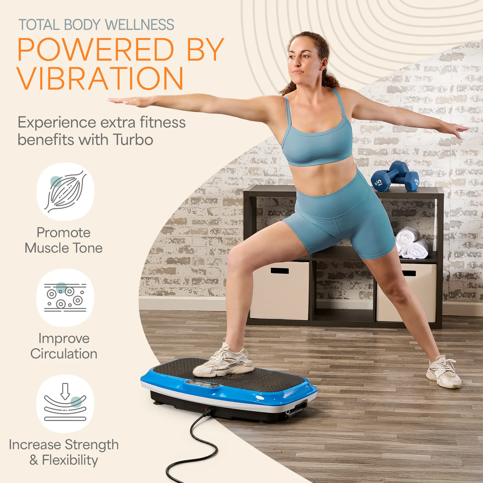 Man doing squats on a vibration plate with dumbbells nearby