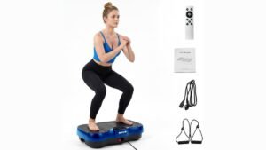 Modern home vibration plate machine on light wood floor in bright room