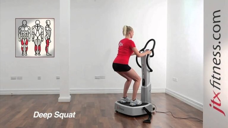 Person doing a half squat on a vibration plate in a bright home gym