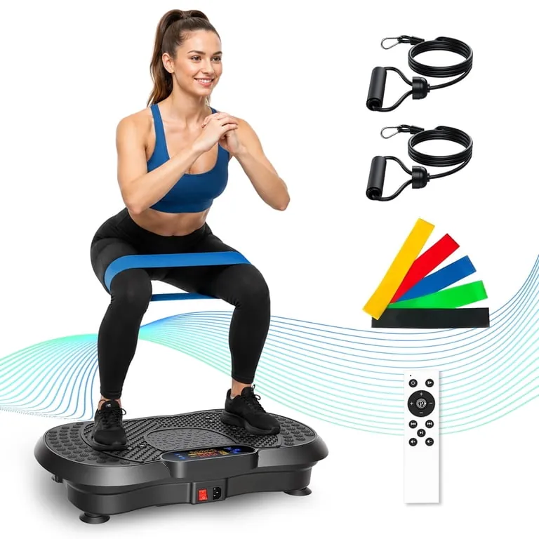 Person doing resistance band exercise on vibration plate