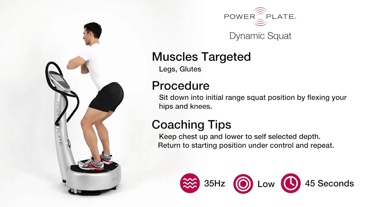 Person holding a soft knee bend on a vibration plate during squats