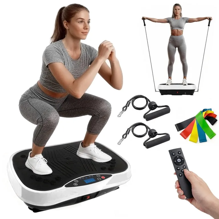 Person standing barefoot with bent knees on a vibration plate