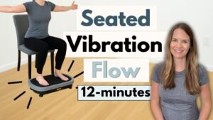 Senior woman balancing on a vibration plate exercise machine at home