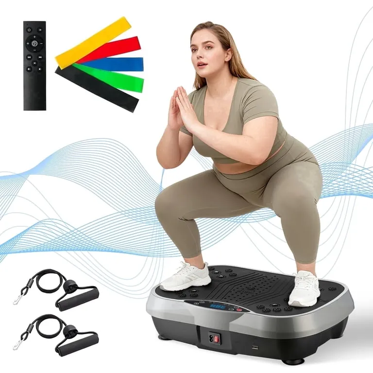 Sturdy vibration plate with steel frame in a bright home gym