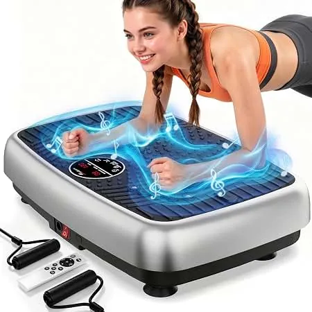 Two people of different sizes standing on vibration plate machines