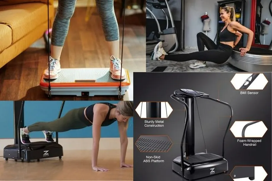 Vibration plate beside dumbbells comparing home and gym workout options