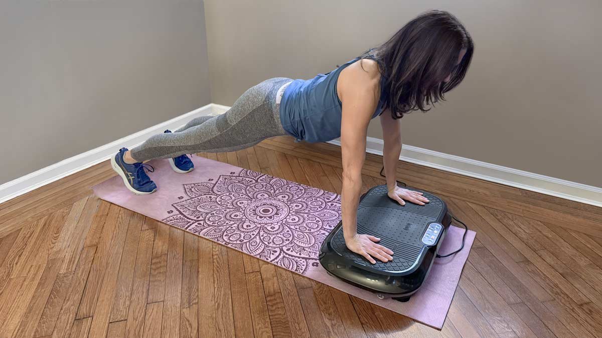 A vibration plate exercise machine in a bright modern living room