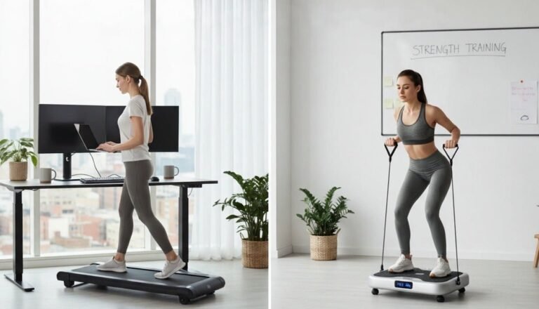 Vibration plate machine beside walking shoes in a bright living room