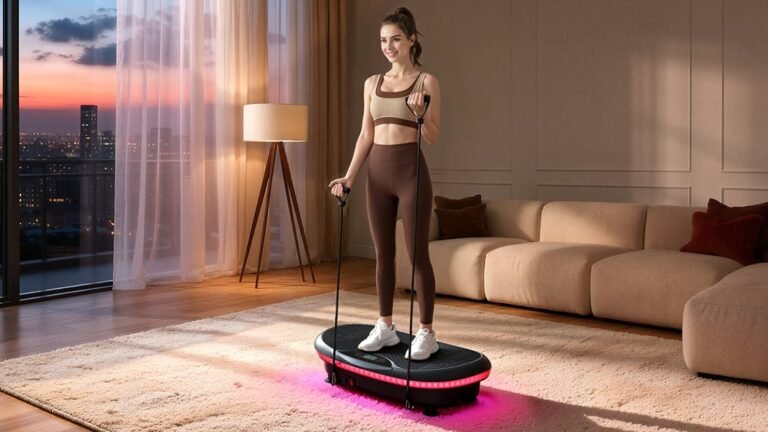 Vibration plate machine in a bright modern living room beside a yoga mat