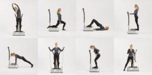 Vibration plate morning routine setup with water glass in bright living room