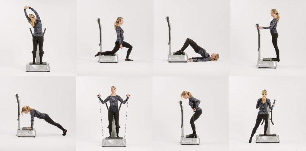 Vibration plate morning routine setup with water glass in bright living room
