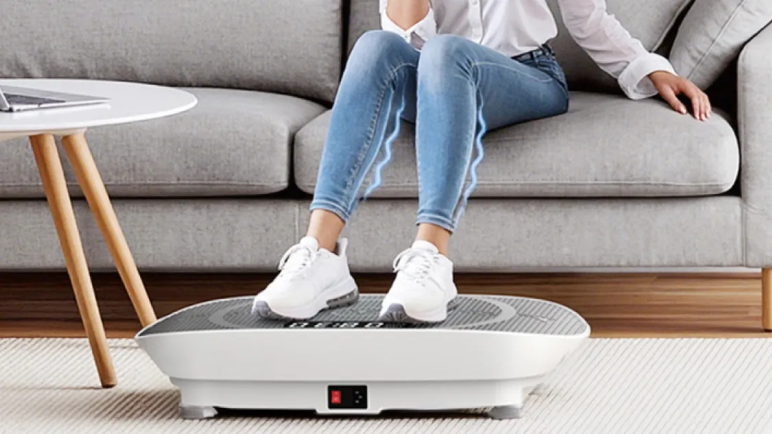 Vibration plate with resistance bands and remote in a home gym