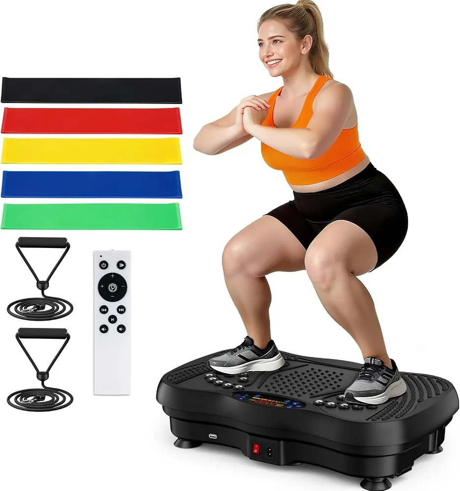 Vibration plate with resistance bands and timer in home gym
