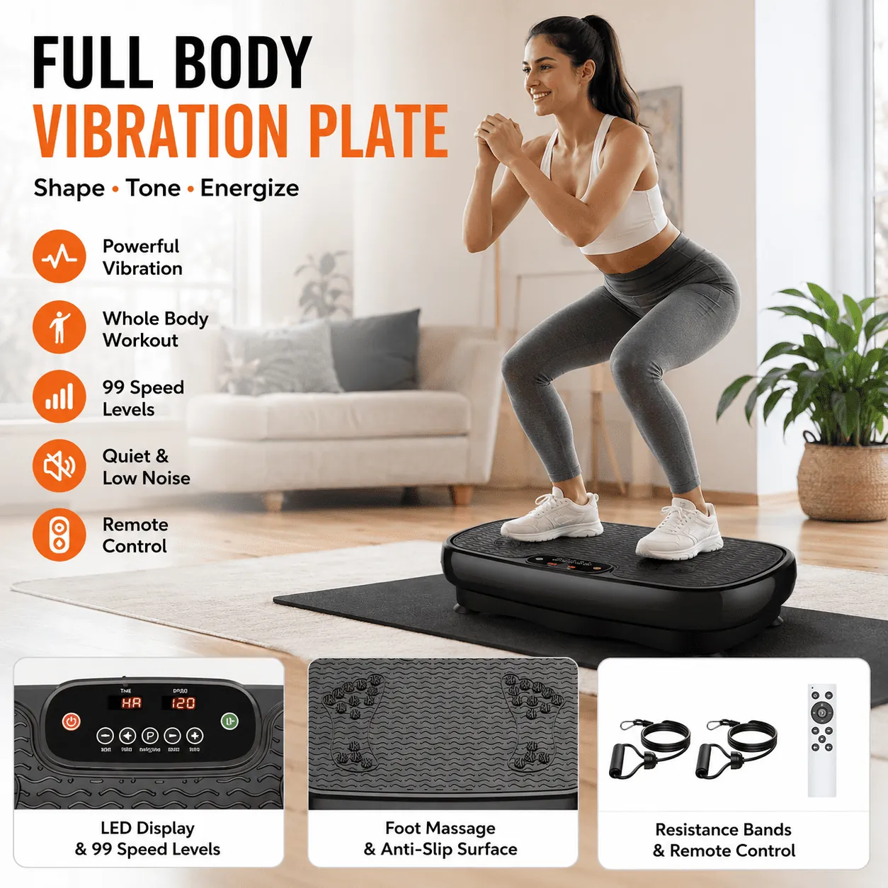 Vibration plate on a rubber mat in a small apartment living room