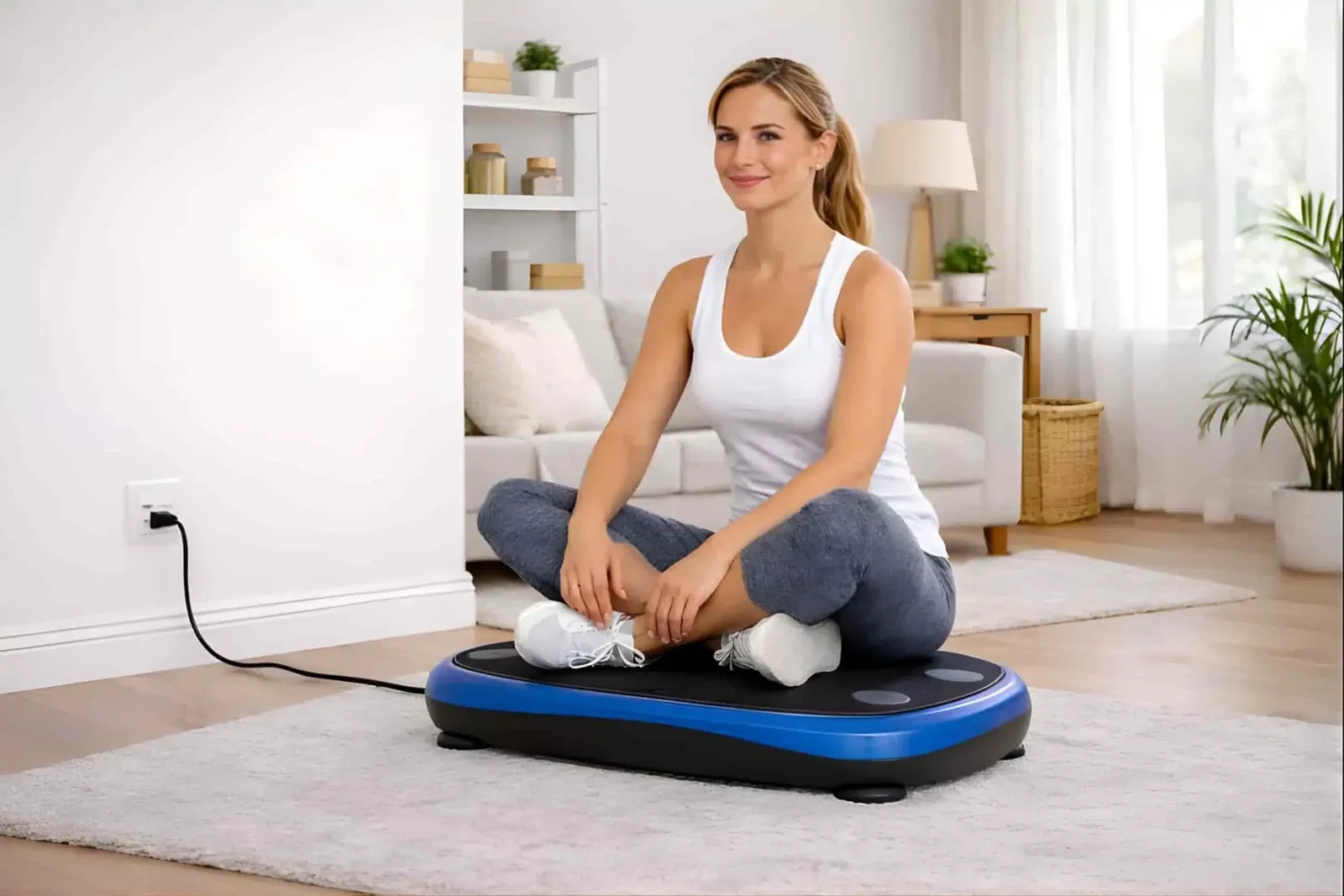 Vibration plate with sneakers and towel on a wooden floor