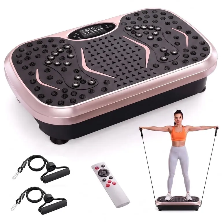 Vibration plate on soft rug with tangled resistance band
