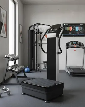 Vibration plate with wattmeter dial and power cable on wood floor
