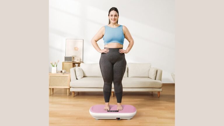 Vibration plate weight capacity shown on a sleek home fitness machine