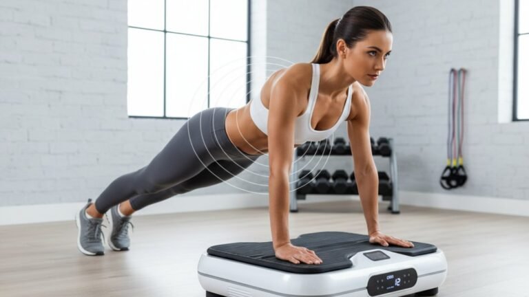 Woman doing a quarter squat on a vibration plate in a bright living room