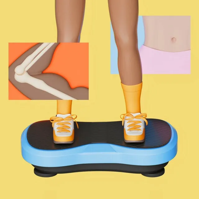 Woman doing a squat on a vibration plate machine in a home gym