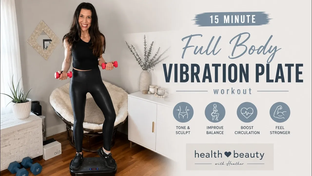 Woman doing squats on a vibration plate in a home gym