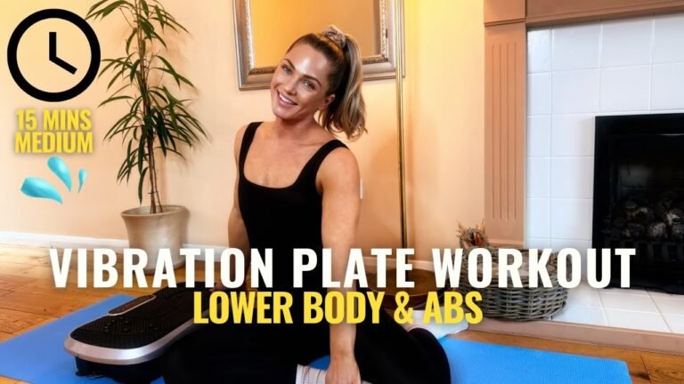 Woman doing a vibration plate workout in a bright living room