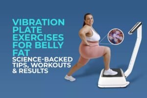 Woman exercising on a vibrating fitness platform in a bright living room