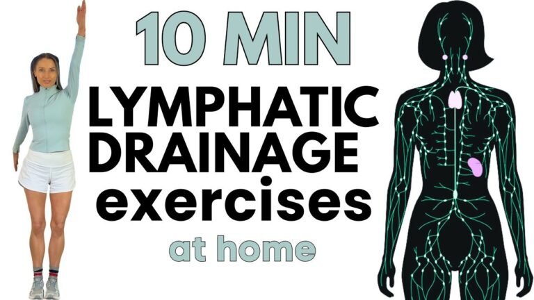Woman in loose clothing lying on a mat doing lymphatic exercises at home