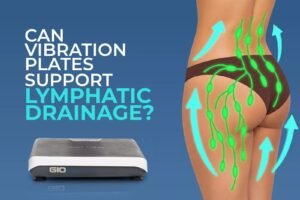 Woman standing barefoot on a vibration plate for lymphatic drainage at home