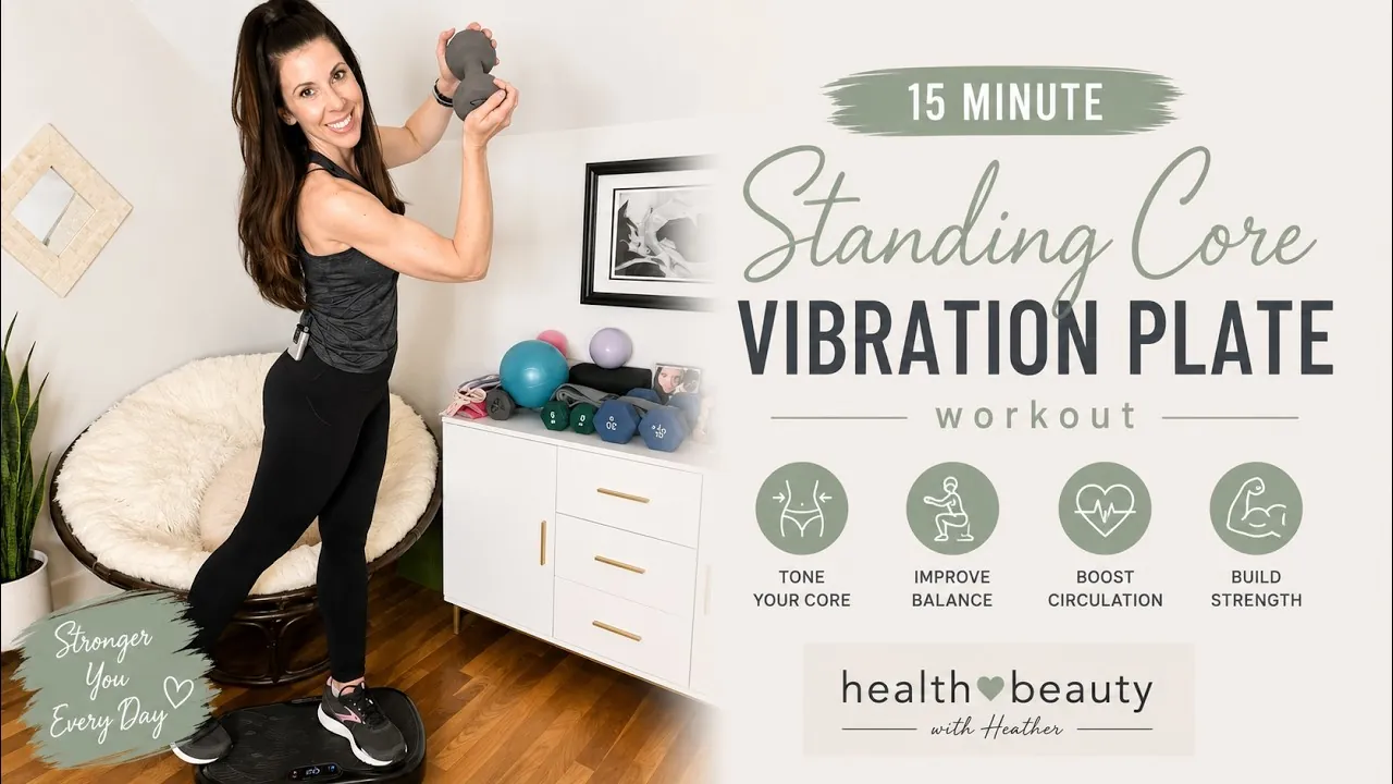 Woman standing stiff-legged on a vibration plate with back pain